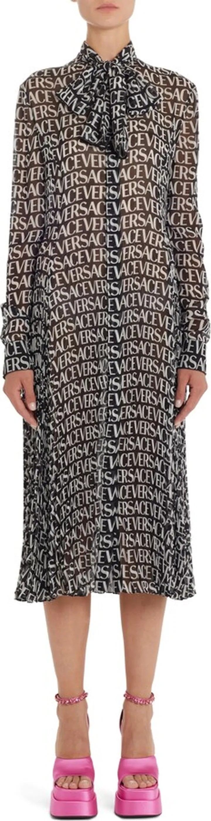 Logo Print Semisheer Long Sleeve Silk Midi Dress