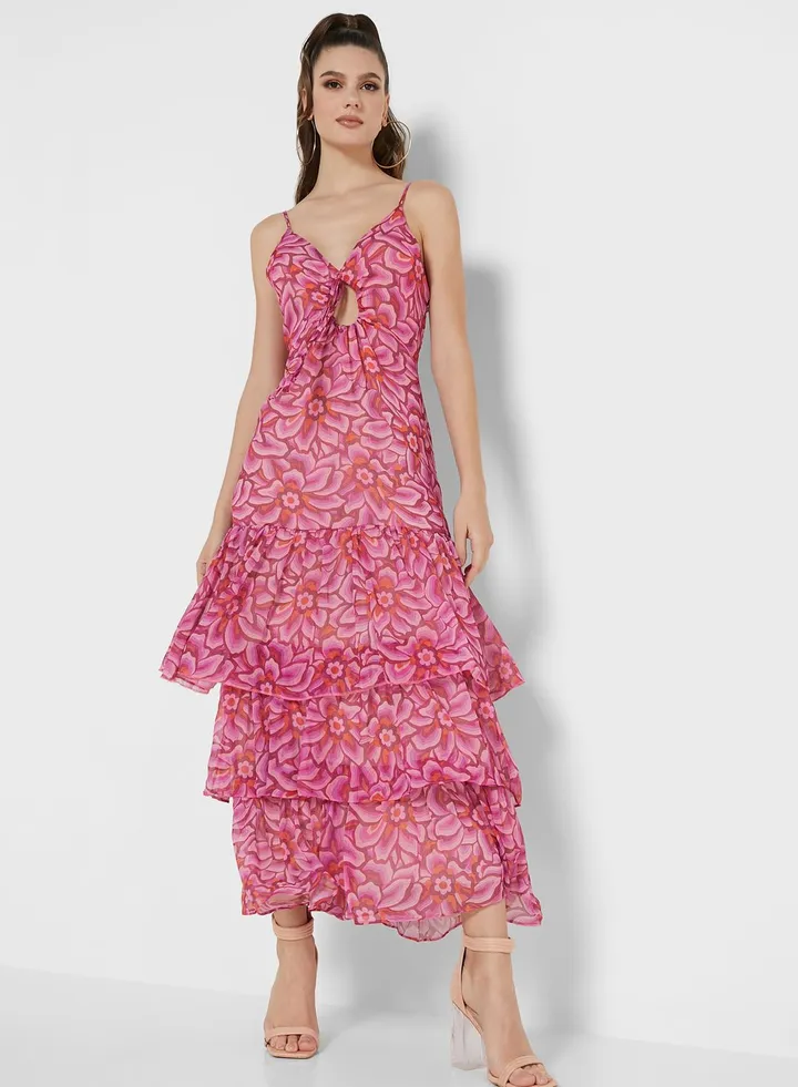 Printed Ruffle Detail Tiered Dress