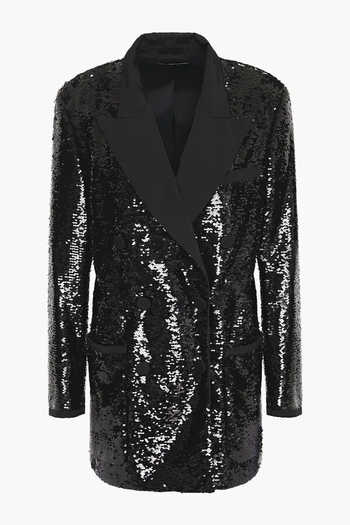 Double-breasted faille-trimmed sequined tulle blazer