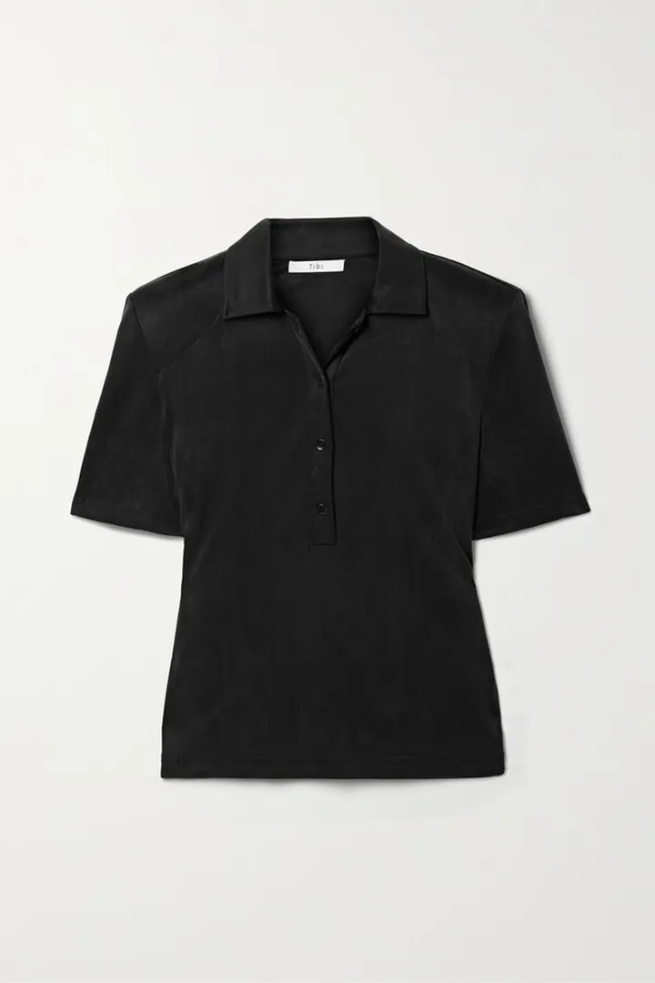 Tibi - Deeba Cupro-blend Jersey Polo Shirt - Black