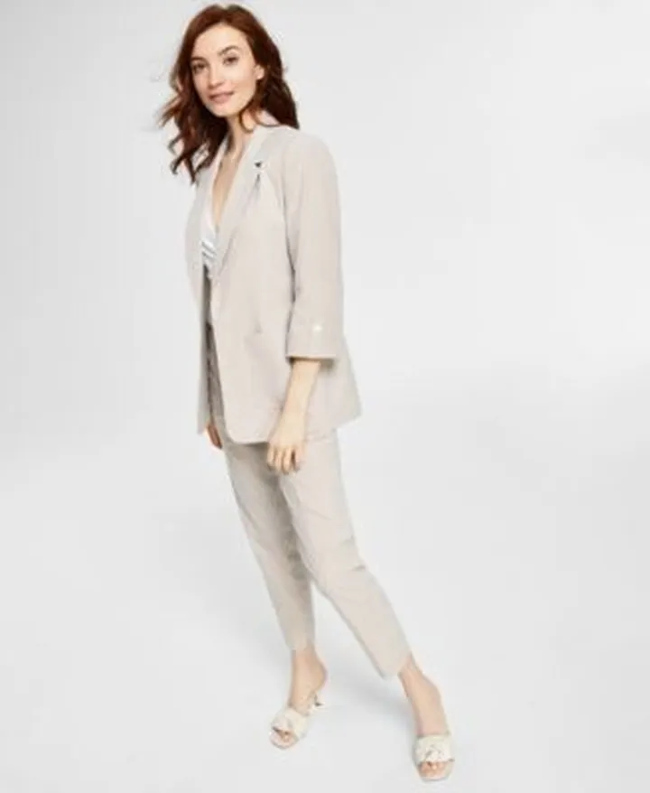 Kasper Womens Striped Seersucker Jacket Faux Wrap Blouse Seersucker Striped Straight Leg Pants