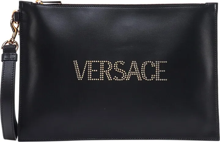 Leather clutch with studded logo