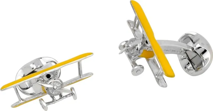 Deakin & Francis - Deakin & Francis Sterling Silver Yellow Biplane Cufflinks With Rotating Propeller