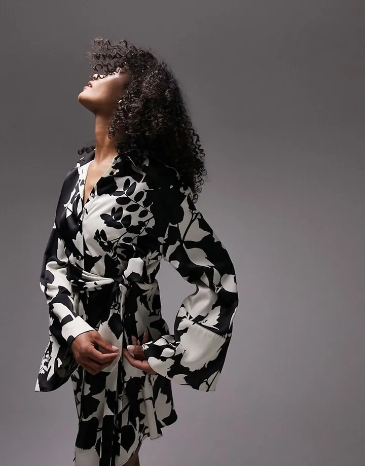 Topshop kimono tie waist shirt dress in multi