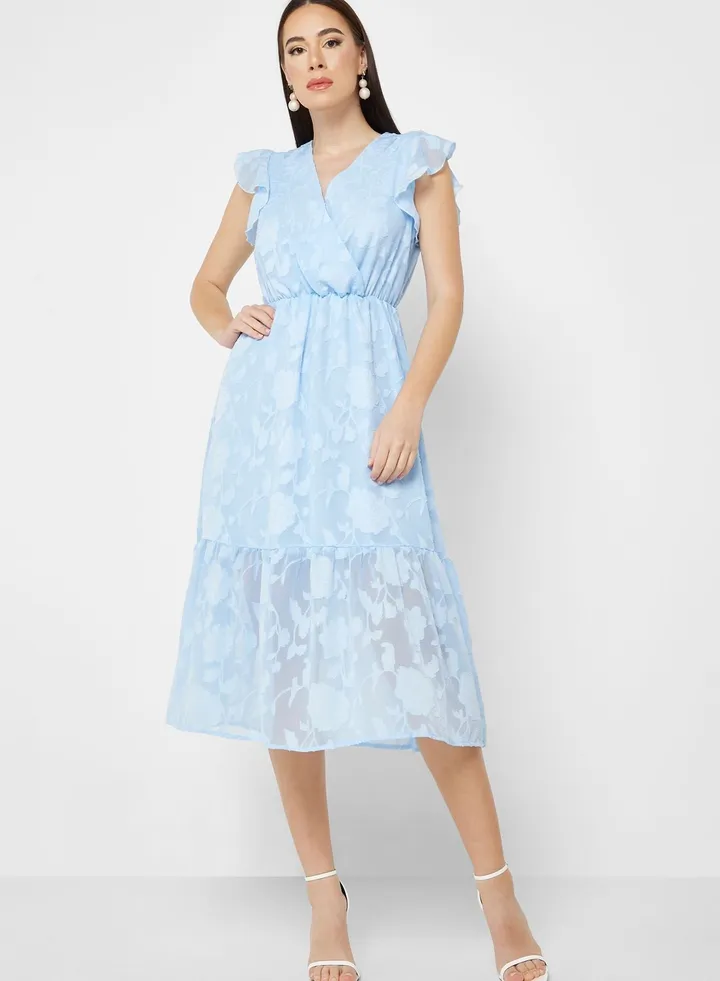 Floral Textured Frill Sleeve Dress