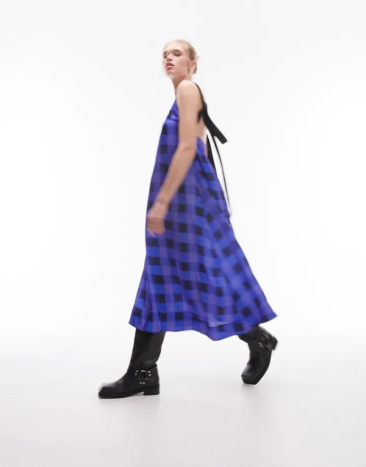 Topshop grosgrain contrast strap blurred check midi slip dress in blue