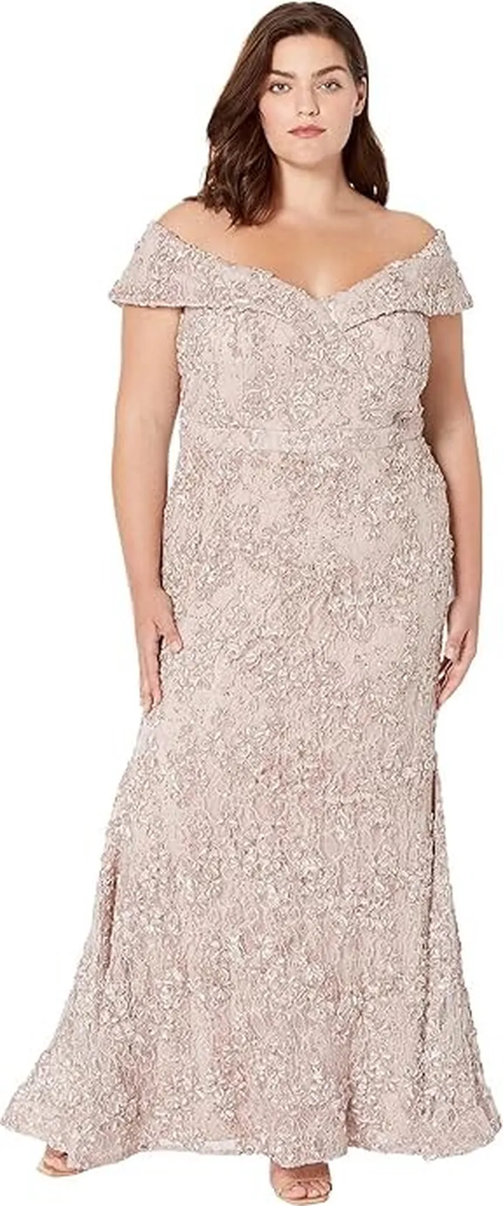 XSCAPE Plus Size Off-the-Shoulder Embroidered Lace Dress (Taupe) Women's Clothing