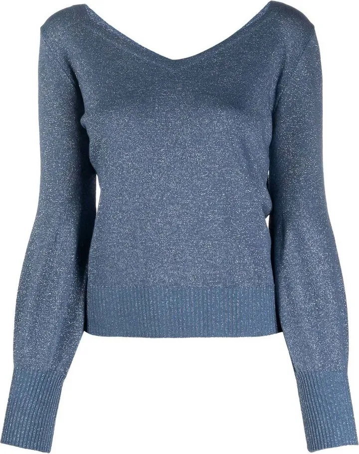 V-Neck Lurex-Knit Sweater in Blue Pavone