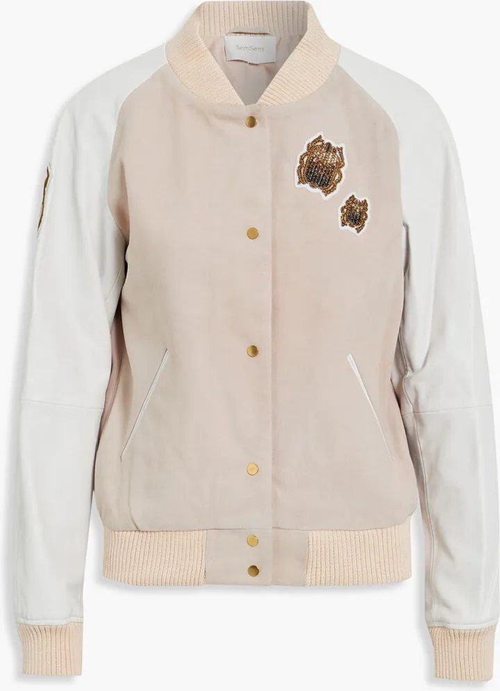 Embellished leather-paneled suede bomber jacket