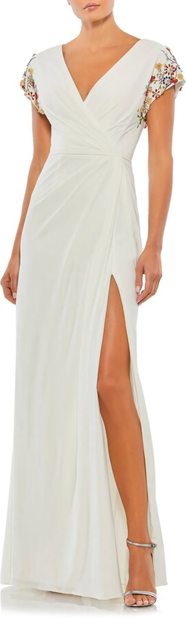 Jeweled Sleeve Faux Wrap Gown