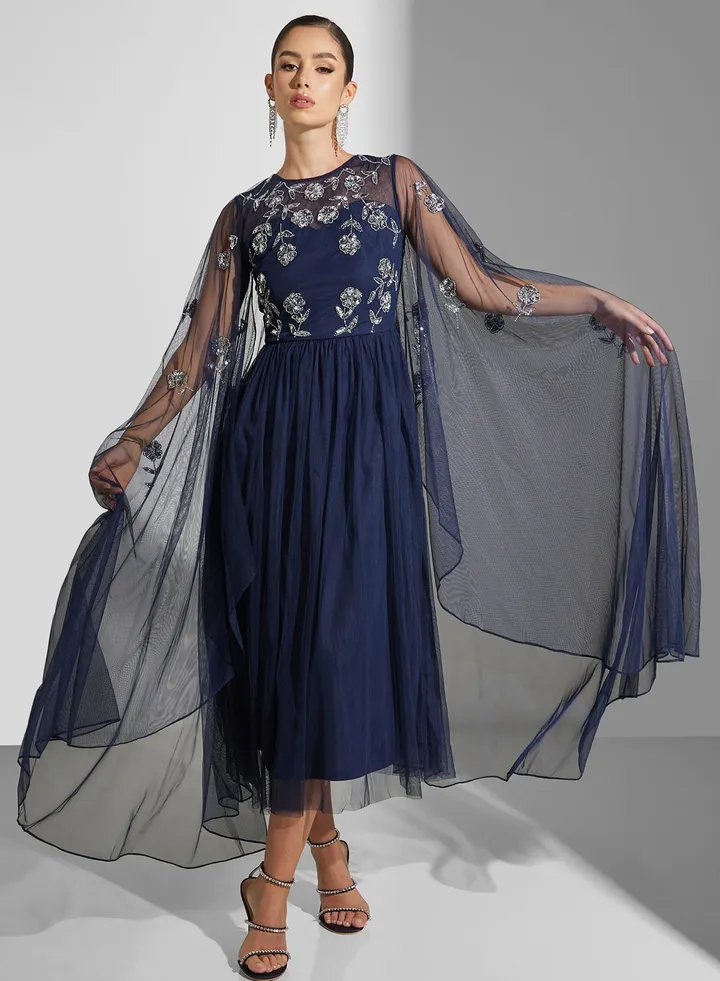 Floral Printed Cape Sleeve Dress
