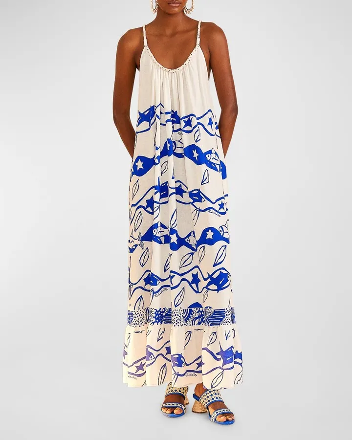 Pitta Waves Sleeveless Linen Blend Maxi Dress