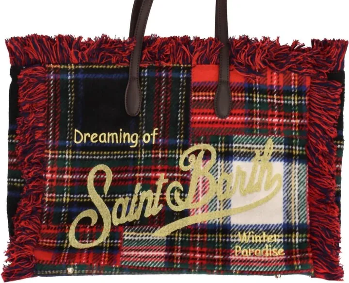 Check Patchwork Handbag Tote Wool Leather in Red Tartan