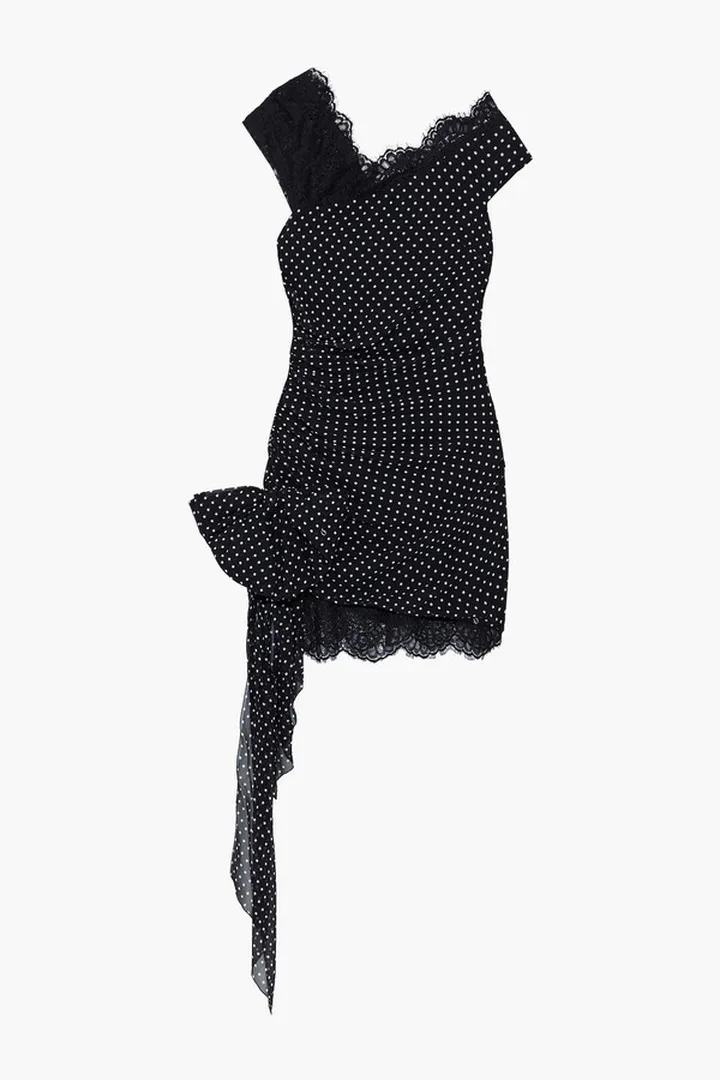 Bow-embellished polka-dot silk-chiffon mini dress