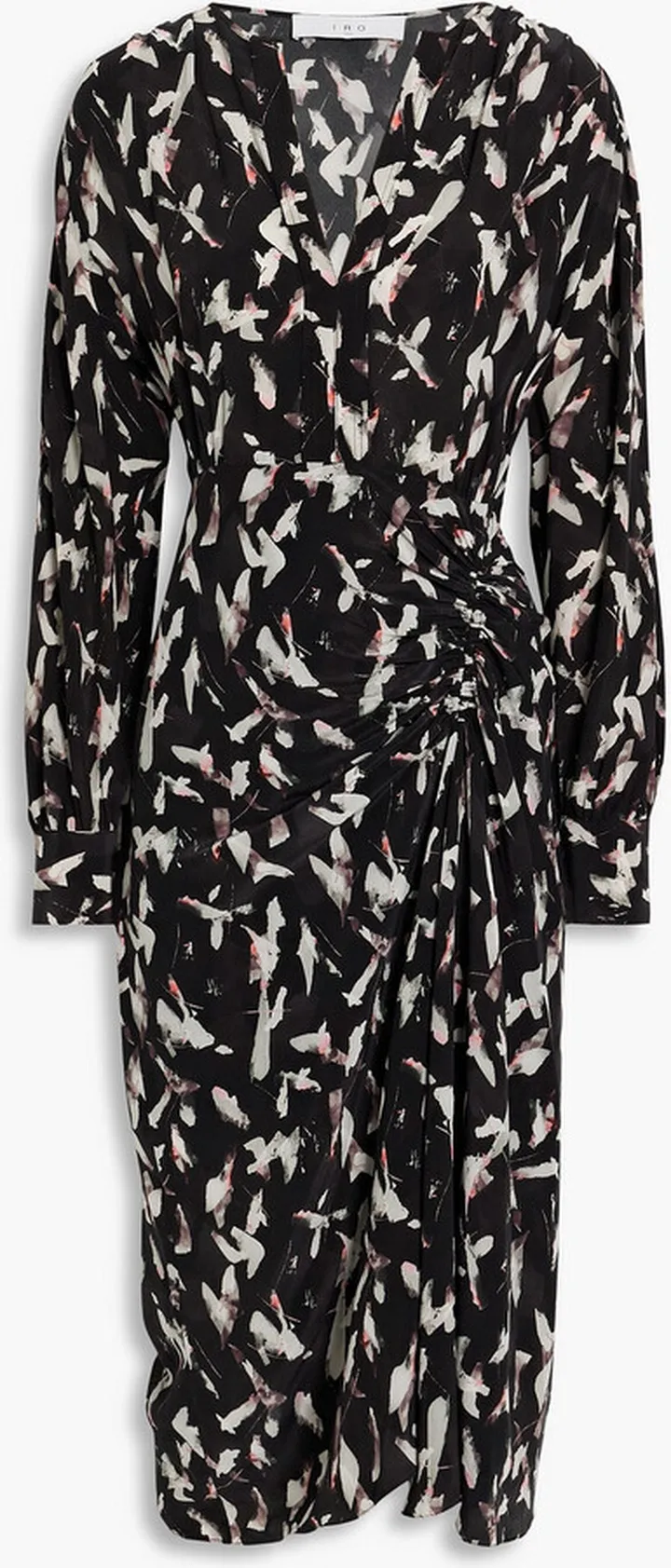 Carola ruched printed crepe de chine midi dress