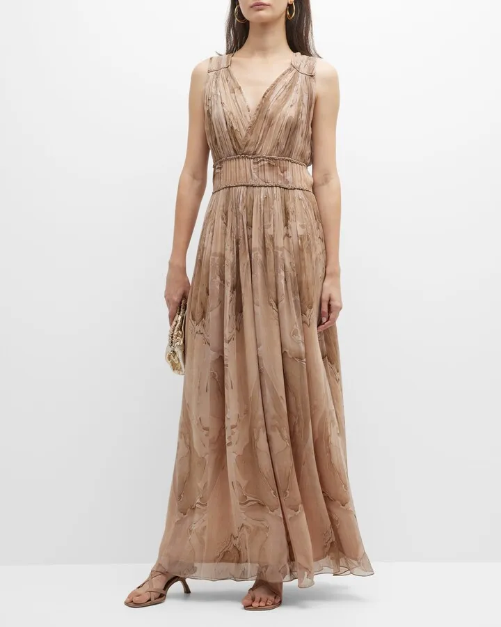 Cassia Marble-Print Empire Maxi Dress