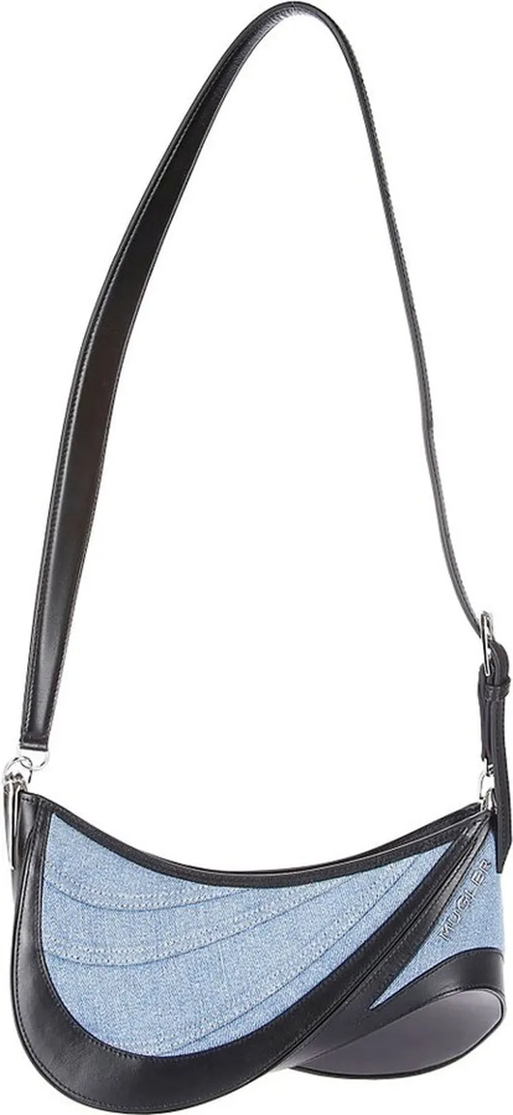 Mugler Logo Plaque Zipped Denim Shoulder Bag