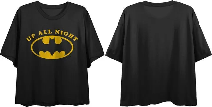 Batman Bat Signal Up All Night Ladies Black Cropped Boyfriend Tee-S