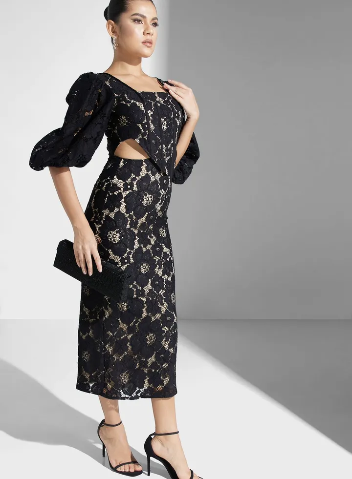 Balloon Sleeve Lace Detail Dress