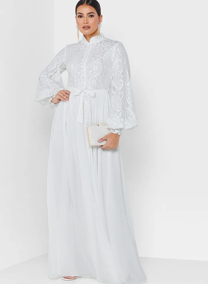 Lace Top Self Tie Shirt Maxi Dress