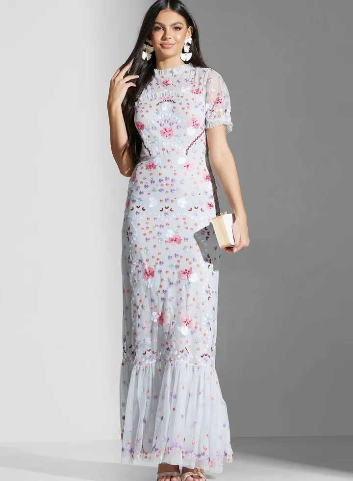Embroidered Cut Out Back Ruffle Hem Dress