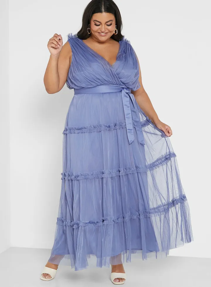 Plunge Neck Ruffle Detail Dress