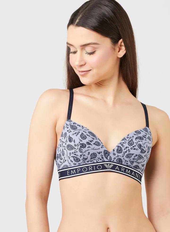Logo Detail Printed Plunge Bra