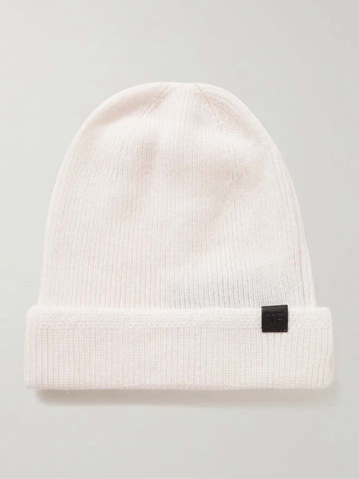Leather-Trimmed Ribbed Cashmere Beanie