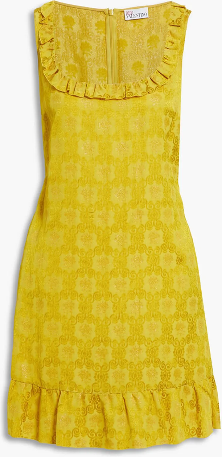 Ruffle-trimmed metallic jacquard mini dress