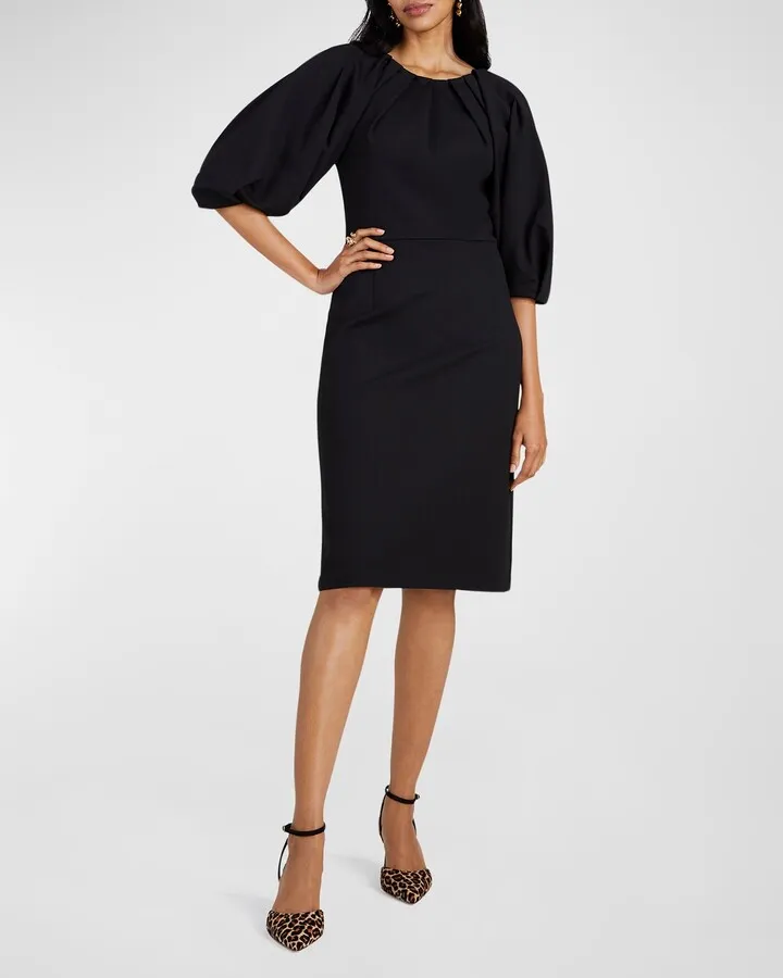 Pleated Blouson-Sleeve Ponte Midi Dress