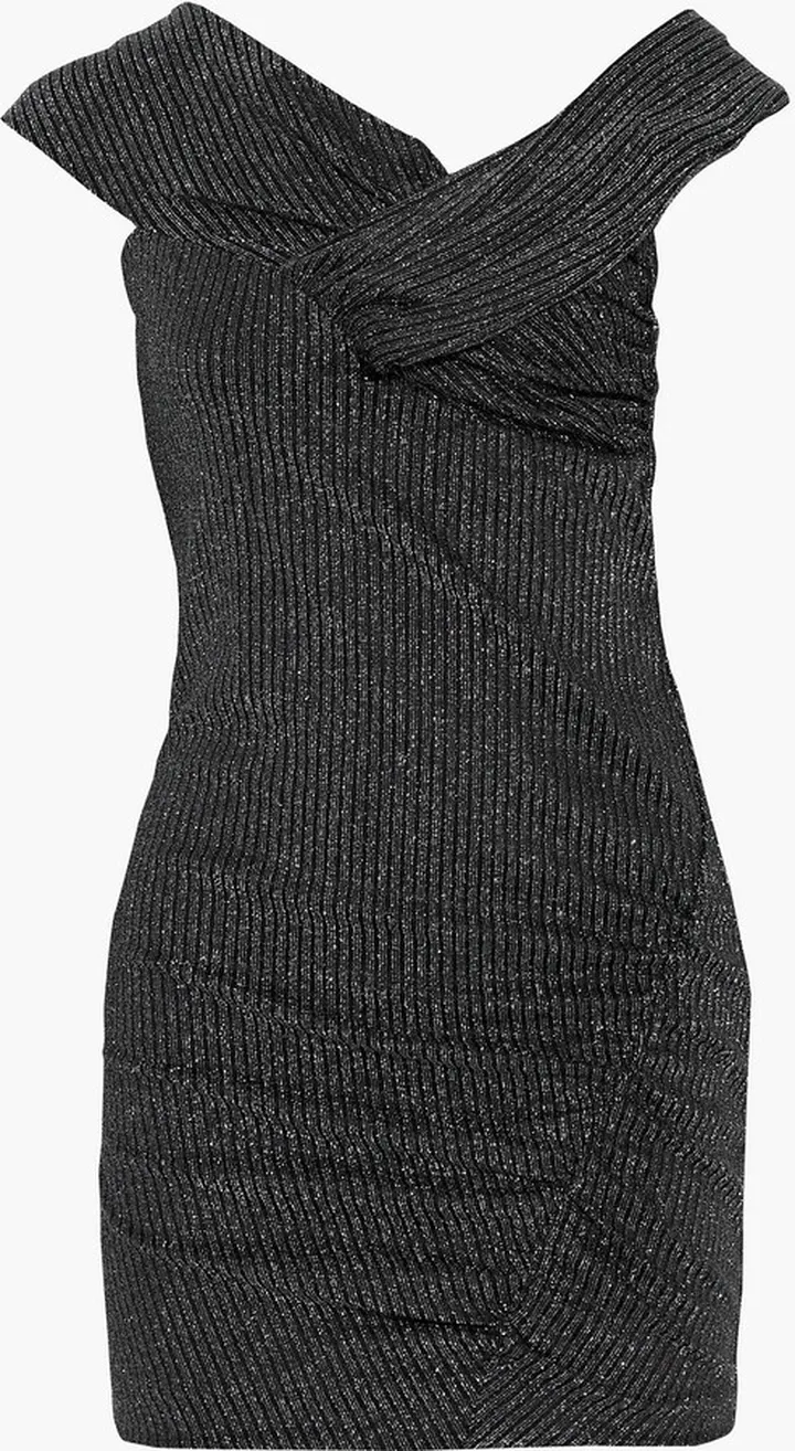 Club asymmetric ruched metallic jersey mini dress