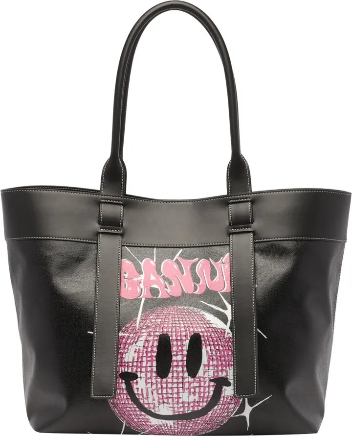 Ganni Smiley Logo Print Tote Bag