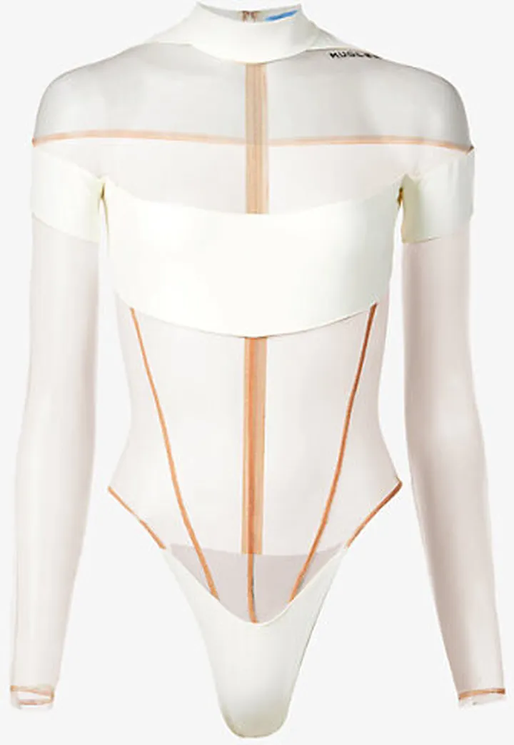 Womens White Turtleneck Mesh-panel Stretch-woven Bodysuit