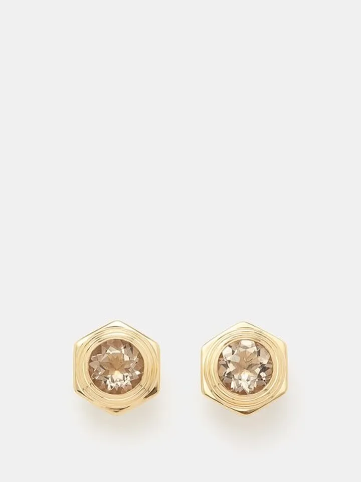 Hexed Smoky Topaz & 18kt Gold Earrings