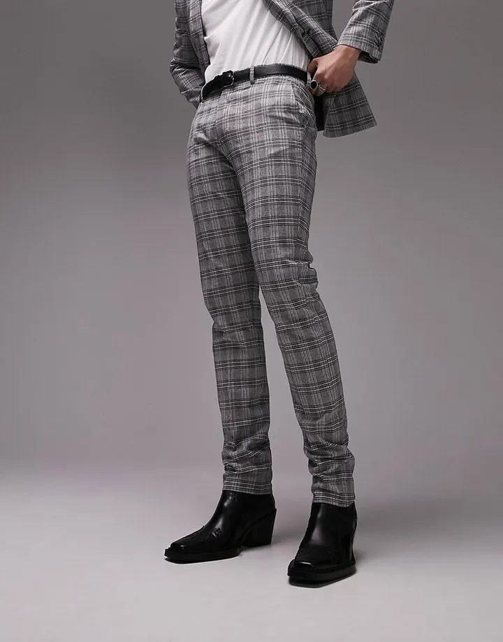 Topman skinny checked linen mix wedding suit pants in gray