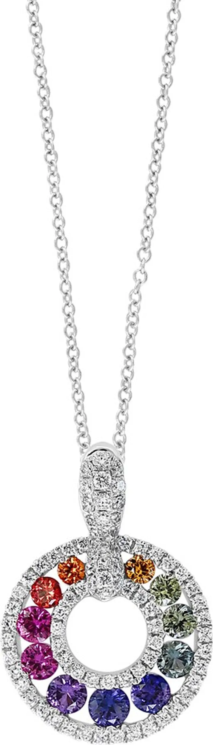 14K White Gold Rainbow Sapphire & Pavé Diamond Round Pendant Necklace - 0.31 ctw.