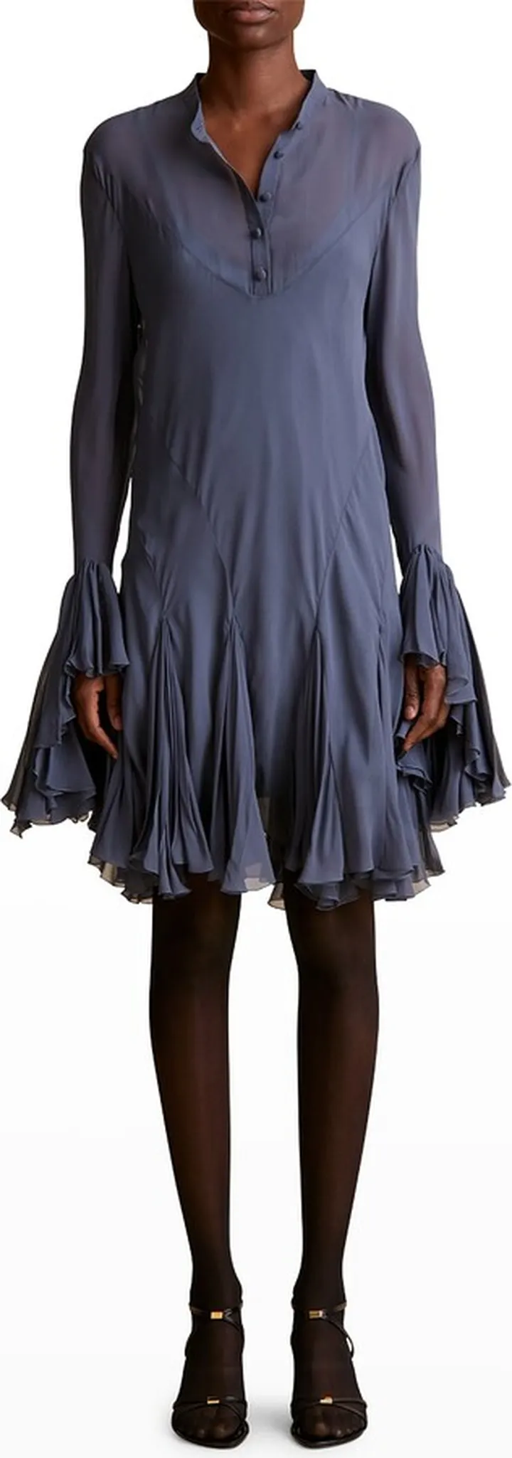 Winston Ruffle-Cuff Godet Silk Dress