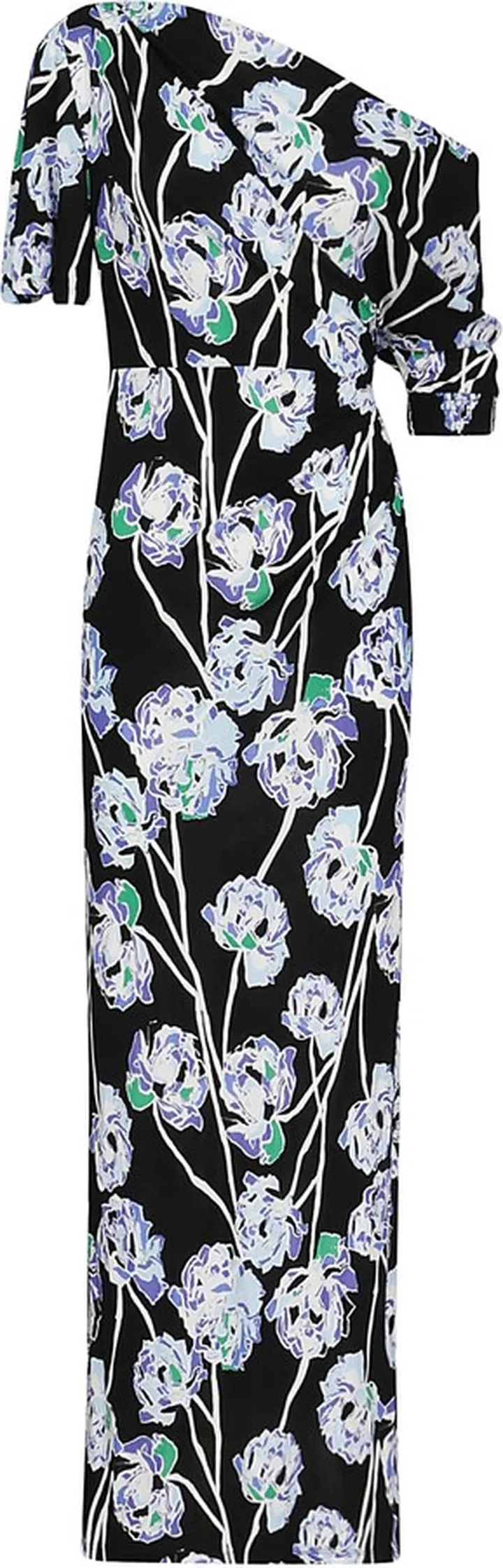 Long patterned dress with short sleeves and dropped shoulders High waist cut Draped on the side Colour: black