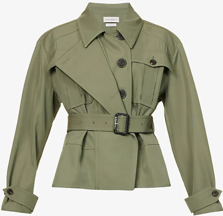 Womens Military Green Belted Twill Wool and Cotton-blend Jacket