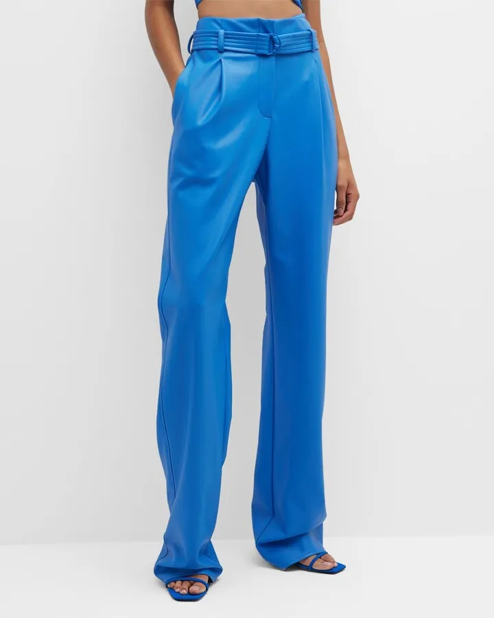 Faux Leather Belted Wide-Leg Pants