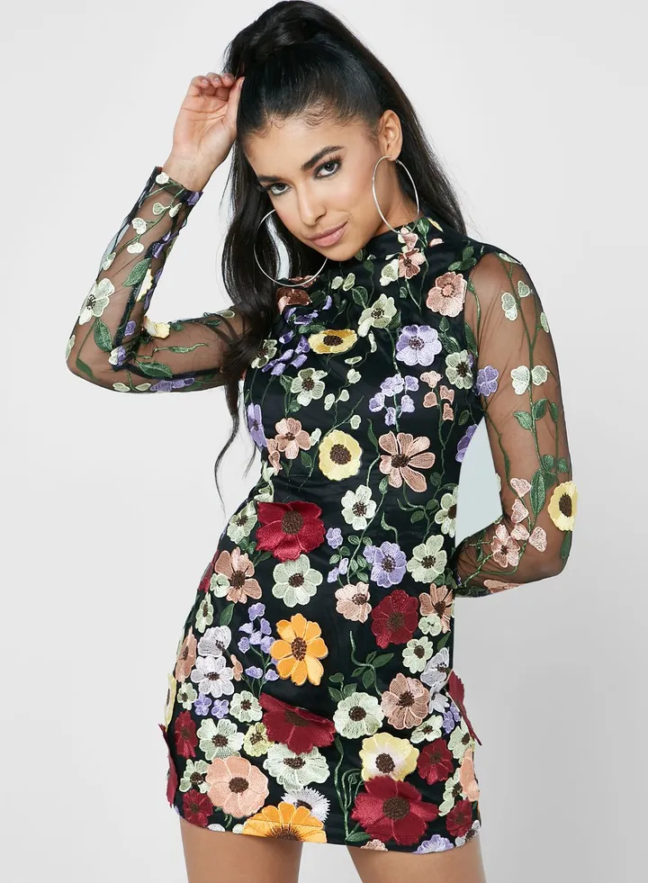 High Neck Floral Printed Dress
