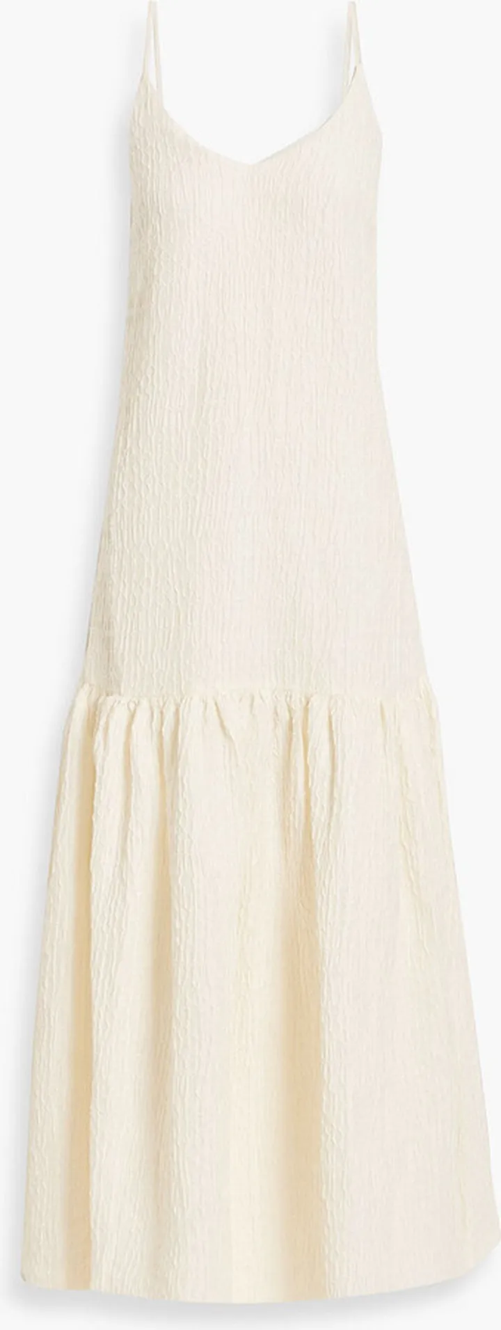 Gathered linen-blend cloqué maxi dress