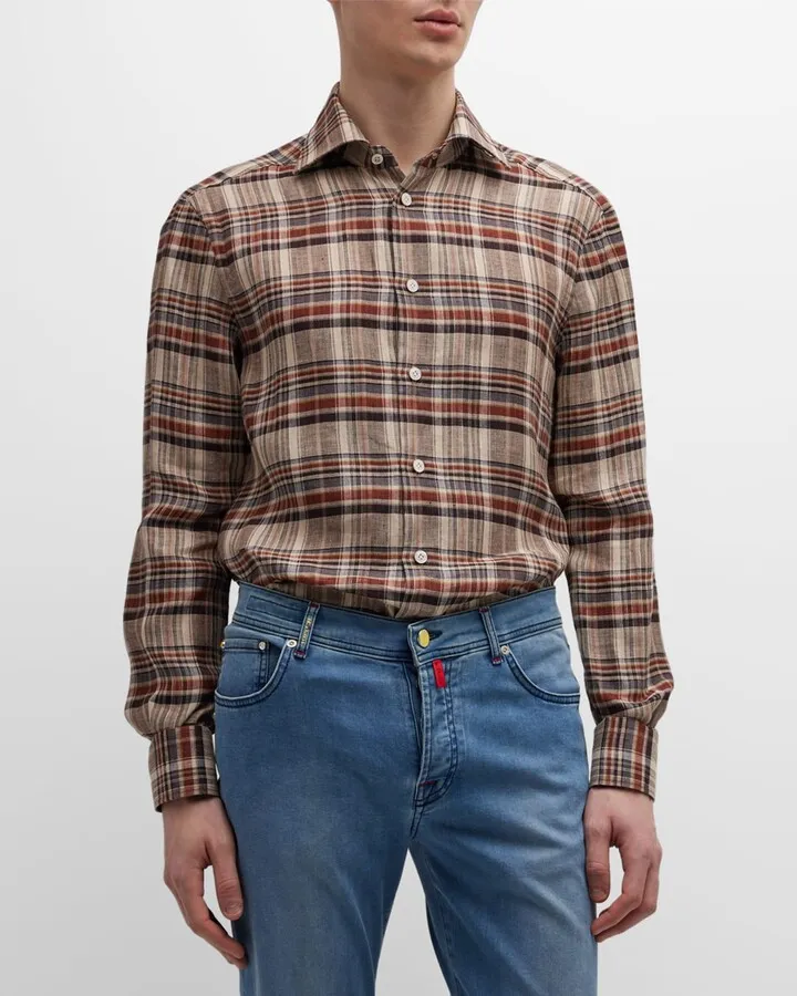 Men's Plaid Linen Sport Shirt