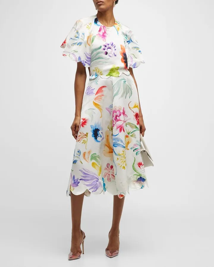 Buttercup Watercolor-Print Scalloped Midi Dress