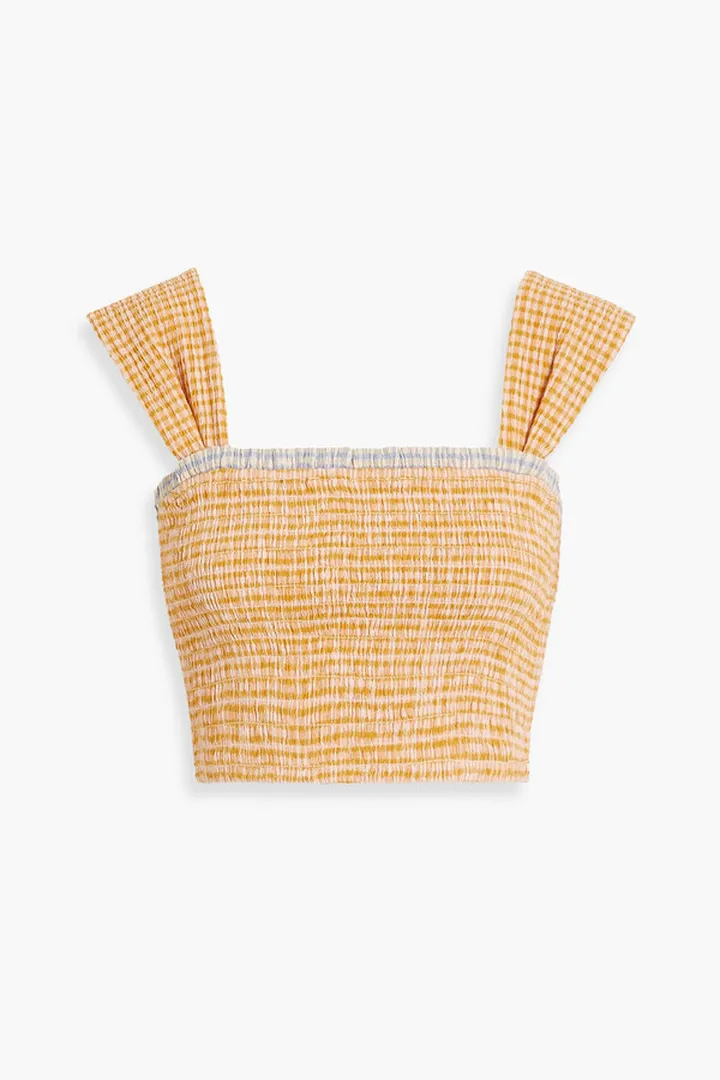 Luna cropped shirred gingham gauze top