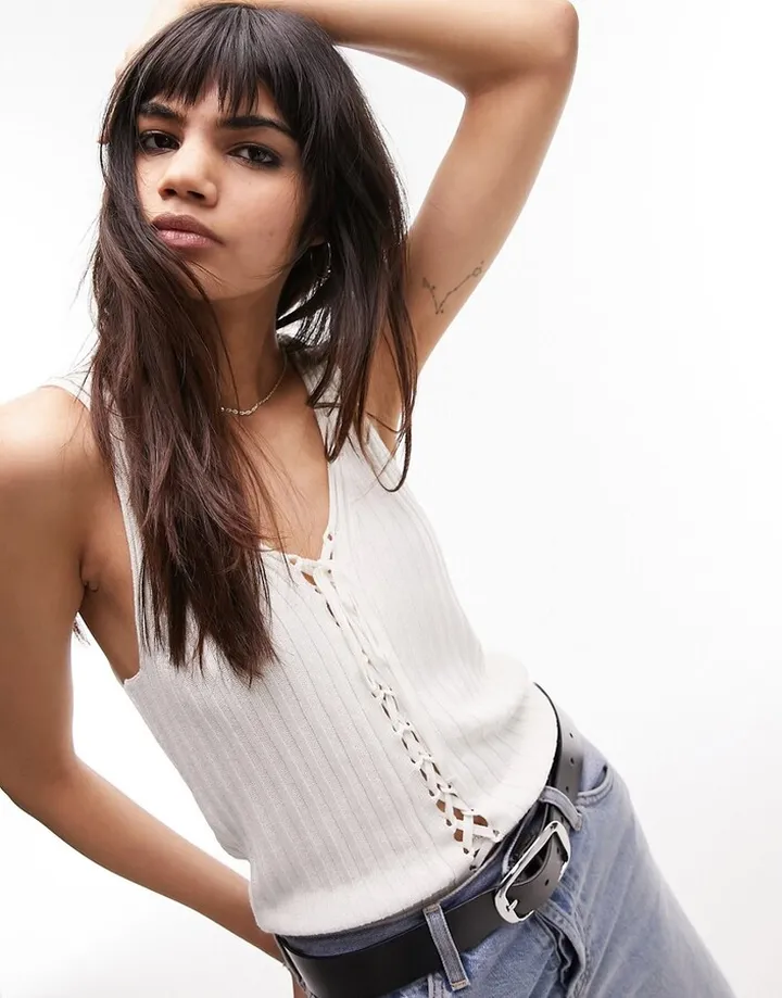 Topshop knit tie front tank top in ivory