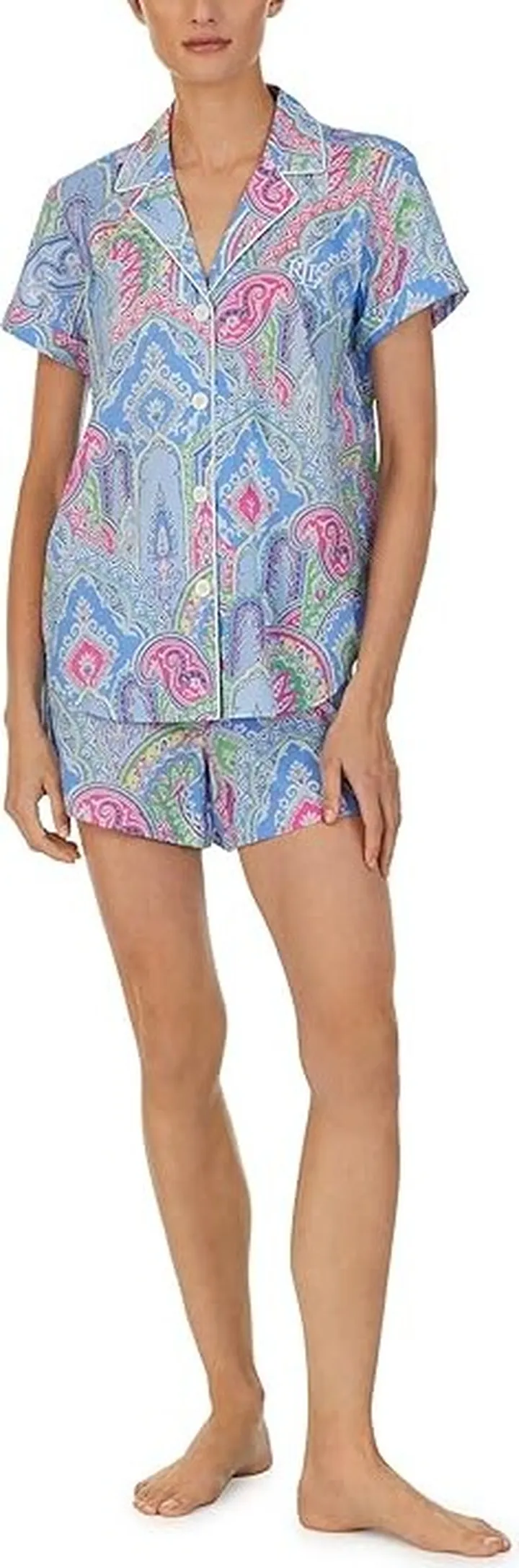 LAUREN Ralph Lauren Short Sleeve Boxer PJ Set (Blue Paisley) Women's Pajama Sets
