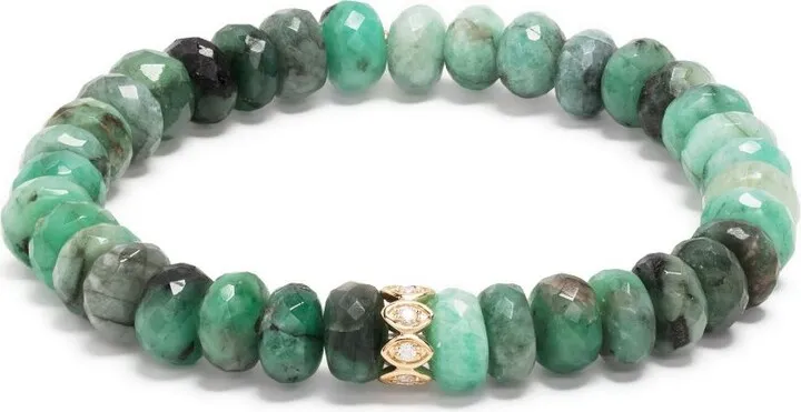 14K Yellow Gold Evil Eye Diamond Emerald Beaded Bracelet