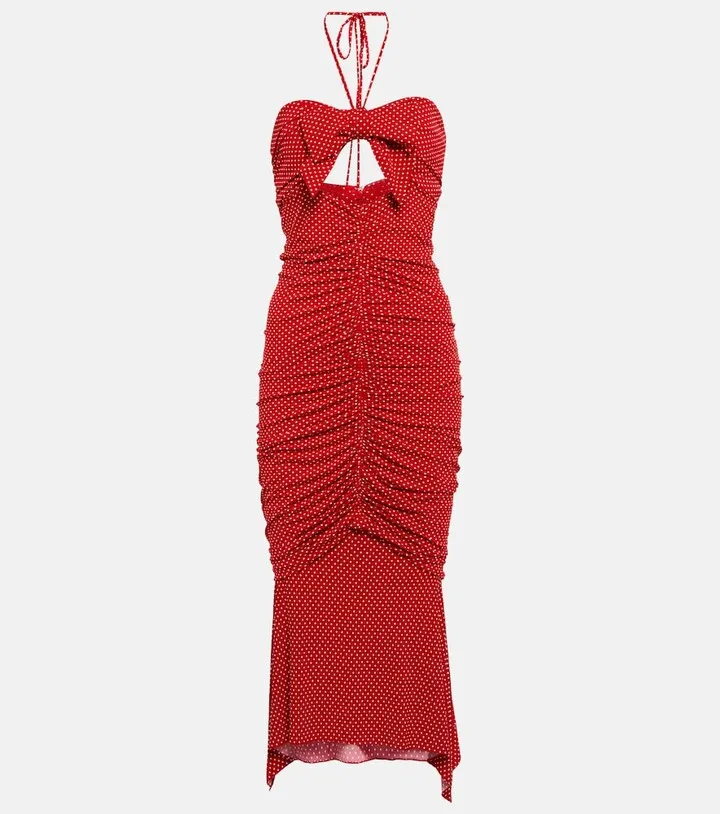 Polka-dot ruched cutout midi dress