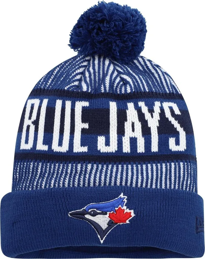 Men's New Era Royal Toronto Blue Jays Striped Cuffed Knit Hat with Pom